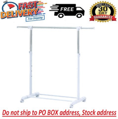 Heavy Clothes Hanger Adjustable Height Rolling Garment Rack Metal Chrome White