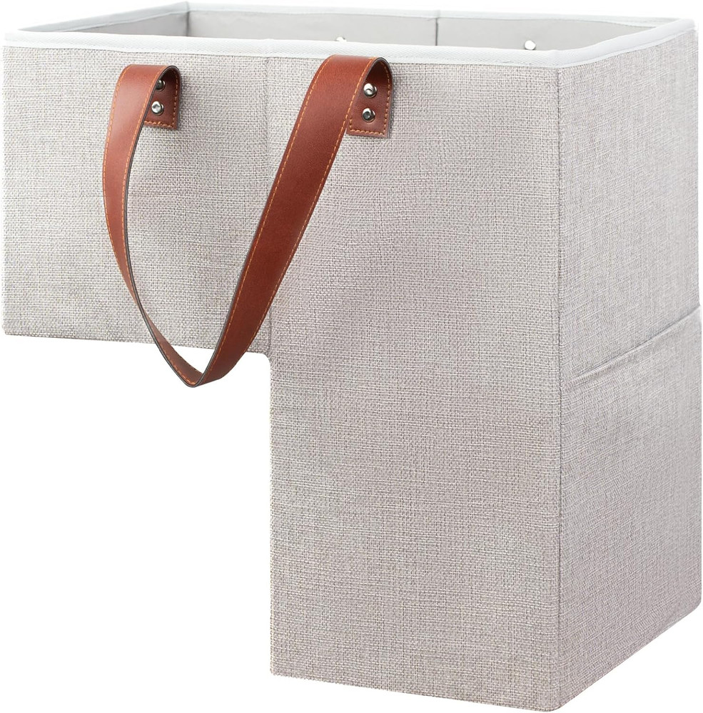 Foldable Stair Basket Organizer with Leather Handle & Side Pocket