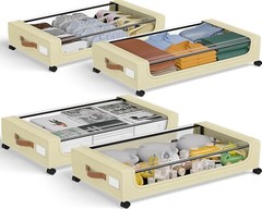 GoMaihe XXL Under Bed Storage | 4-Pack Rolling Bins with Clear Lids for Clothes