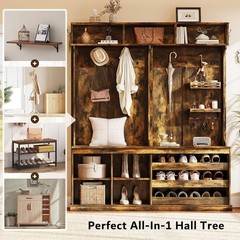 70“ Large Hall Tree W/ Bench & Adjustable Storage Shelves 6-in-1 Farmhouse