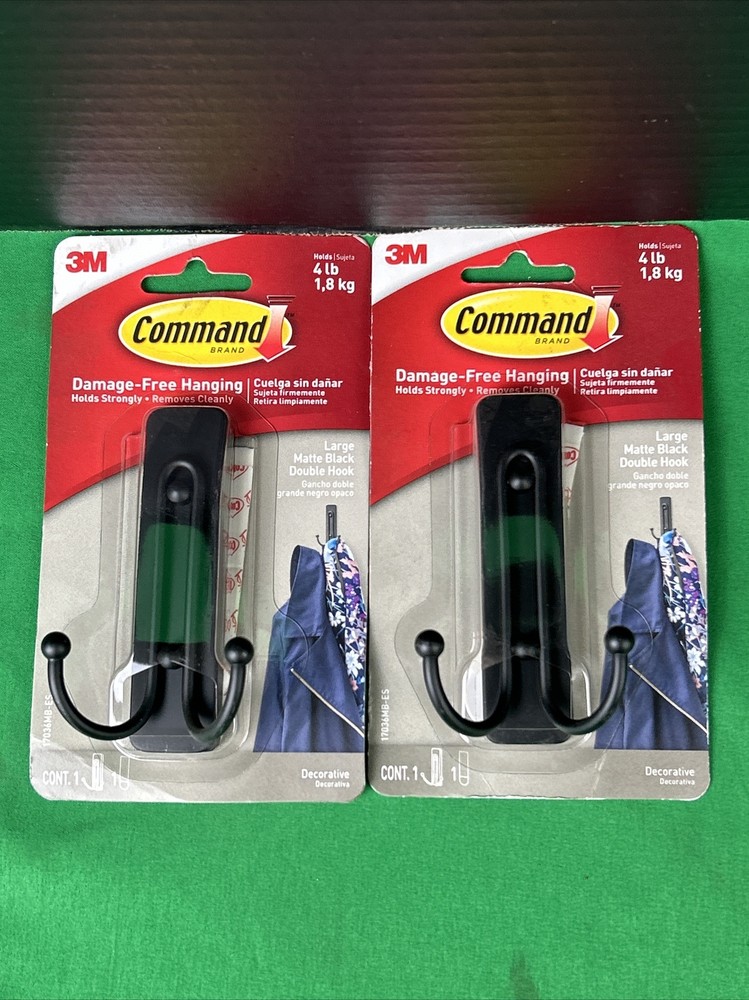 2 X 3M Command Damage-Free Large Matte Black Double Hook – Holds 4 lb