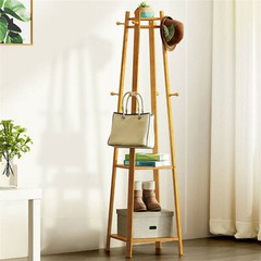 Bamboo Clothes Rail Stand Coat Rack with 2 Ladder Shelves w/Hooks Hallway Sturdy
