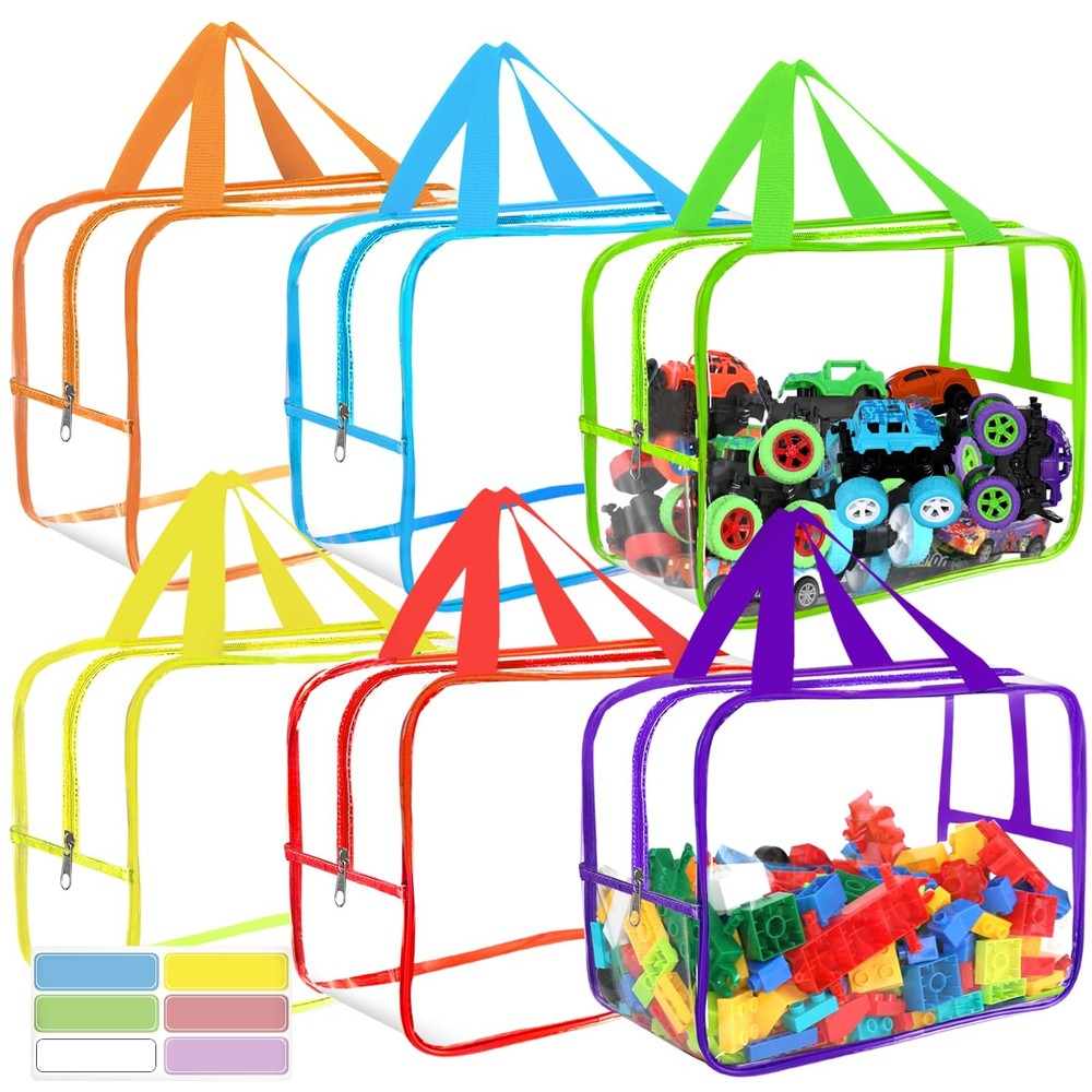 6 Colors Widen X-Large Storage Bags 12.6×9.25×6.9In with Labels, Reusable Clear