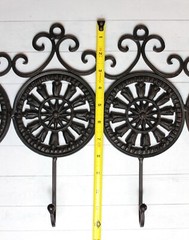 Vintage Cast Iron Metal Black Medallion Wall Hooks Four on One Piece Cottage