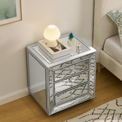 Bead Mirror 3 Drawer Bedside Cabinet MDF Glass American Traditional Nightstand