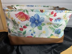 2 Pioneer Woman Patchwork Medley Canvas Basket Faux Leather Handles & Bottom New