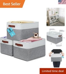 15x11in Canvas Storage Baskets 3 Pack | LARGE Fabric Bins for Shelves | Close…