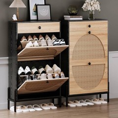 NEW Shoe Cabinet 2 Flip Drawers Slim Entryway Storage Organizer Black Rattan