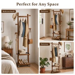 Freestanding Solid Wood Coat Rack with Wheels, 5 Hooks & 2 Shelves – Heavy Duty