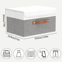 Large Foldable Storage Bins, Linen 13×9.1×7.9in(1-pack), White/Grey