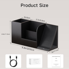 Pen Organizer with Phone Stand and Wireless Charger, Black Vegan Leather Desk
