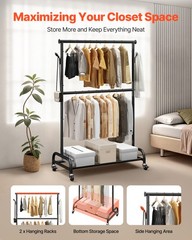 Uimoso Rolling Clothes Garment Rack with Wheels Adjustable Crossbar Side Hooks