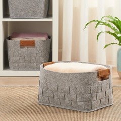 Medium Woven Felt Storage Baskets Set of 2 W/ Faux Leather Handles Organizing US