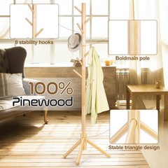 Solid Wooden Coat Rack Freestanding, Zealand Pine Coat Tree with 8 Hooks & 3 Adj
