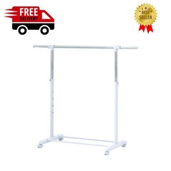 Heavy Clothes Hanger Adjustable Height Rolling Garment Rack Metal Chrome White