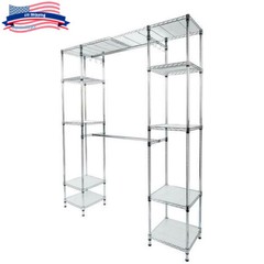 US Expandable Clothes Storage Closet Organizer Shelf Wardrobe Iron Rack w/Hanger