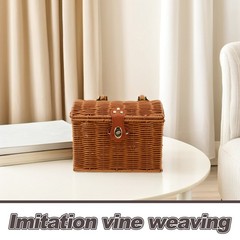 Traditional Style Light Brown Woven Mahjong Storage Box with Handle and Lid