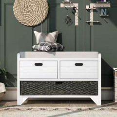 20 In. H X 32 In. W White Soild Wood Shoe Storage Bench with Removable Basket an