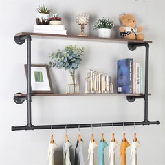2 In 1 Industrial Pipe Clothes Rail Floating Wall Hanging Display Storage Shelf