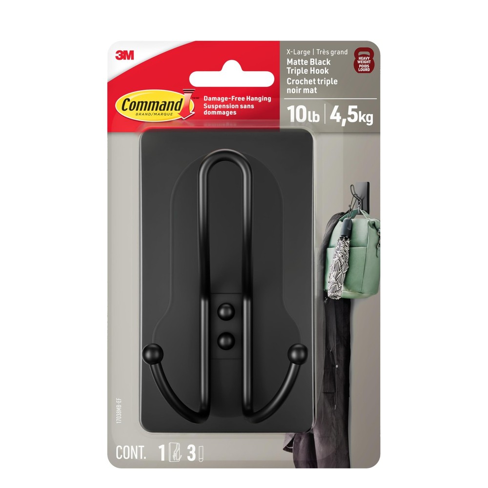 Command X-Large Matte Black Triple Hook, 1 3 (Pack of 1),