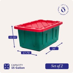 HOMZ Durabilt 15 Gallon Heavy Duty Holiday Storage Tote, Green/Red (2 Pack)