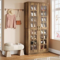 Tall Shoe Cabinet with Doors, Modern 8-Tier Wooden Shoe Storage Organizer Rack