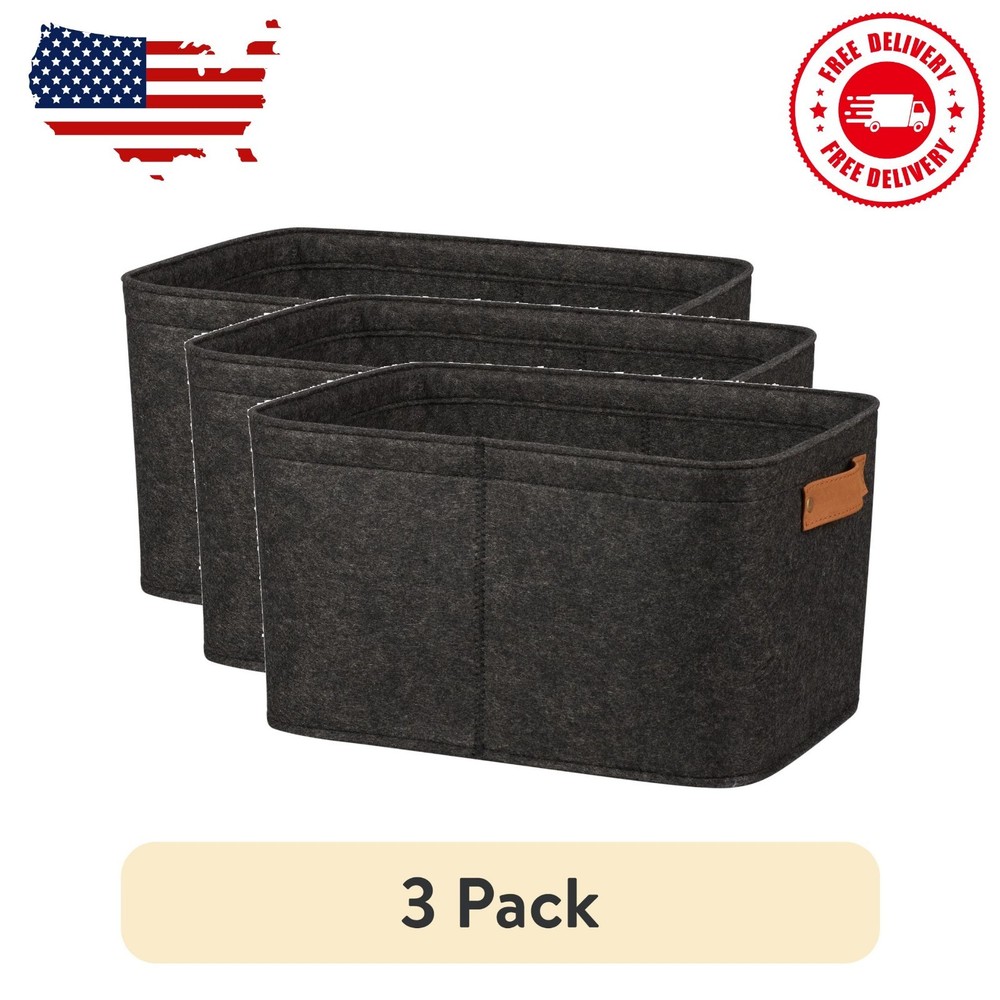 3 pack Medium Gray Felt Decorative Storage Basket with Faux Leather Handles, …