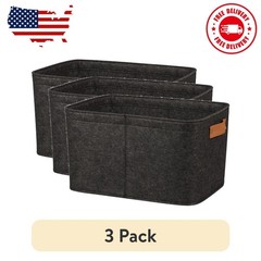 3 pack Medium Gray Felt Decorative Storage Basket with Faux Leather Handles, …