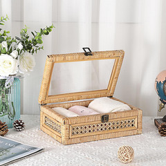Handwoven Rattan Storage Box with Clear Lid & Metal Latch – Small Organizer