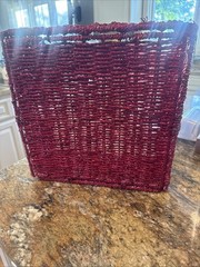 Red Straw Storage Basket Woven Handles Free Standing Square Contemporary
