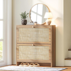 Slim Shoe Storage Cabinet with 2 Flip Drawers – Modern Boho Design, Caramel