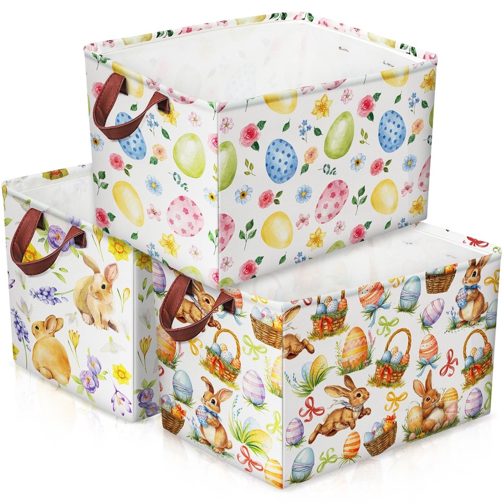 3 PCS Large Easter Baskets 15x11x9.5 Inch Empty Storage Bin Folding Bunny