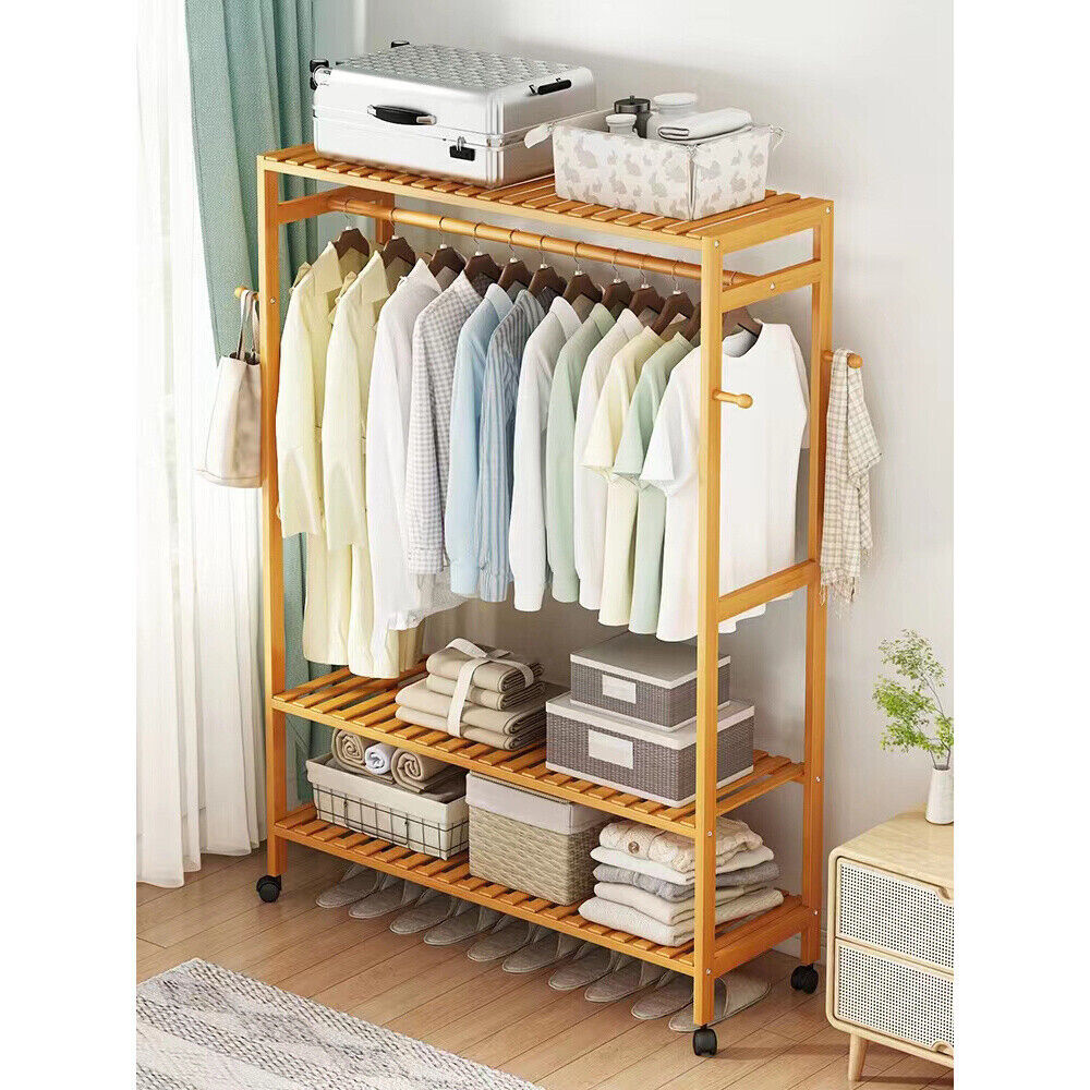 Heavy Duty Wooden Clothes Rail Rack Garment Hanging Stand Corner Open Wardrobe