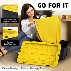 8 PACK of 12 Gallon Medium Black & Yellow Storage Bins | Plastic Tote Organizing