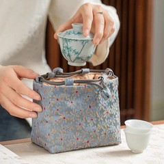 16cm Vintage Chinese Yun Brocade Tea Set Storage Bag Thickened Shockproof Pouch