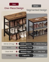 3 Tier Shoe Rack Bench One Piece Shelves Shoe Storage Organizer W/ Raised Edges