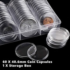 60X Coin Holder Capsules Case 40.6mm Clear for 1 Oz Silver Dollar w/ Storage Box