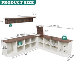 L-Shaped Shoe Rack with Bench & Hooks, Corner Storage for Entryway, White/Walnut