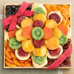 A Gift Inside Sweet Bloom Dried Fruit Deluxe Tray Basket Arrangement for Holiday