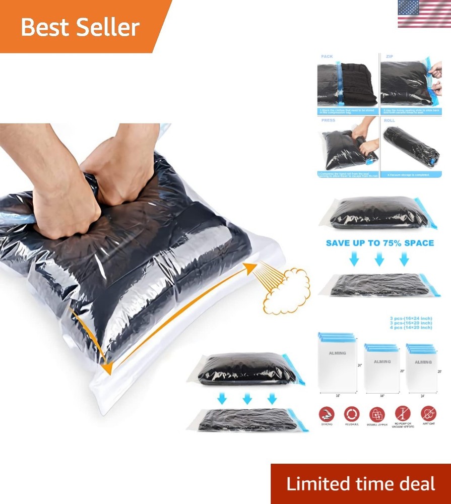 Effortless Packing: 10 Pack Compression Bags – No Vacuum Needed, Durable PA+PE