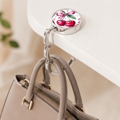 Folding Metal Purse Hook Table Hanger, Cherry Design, Polished Silver Tone