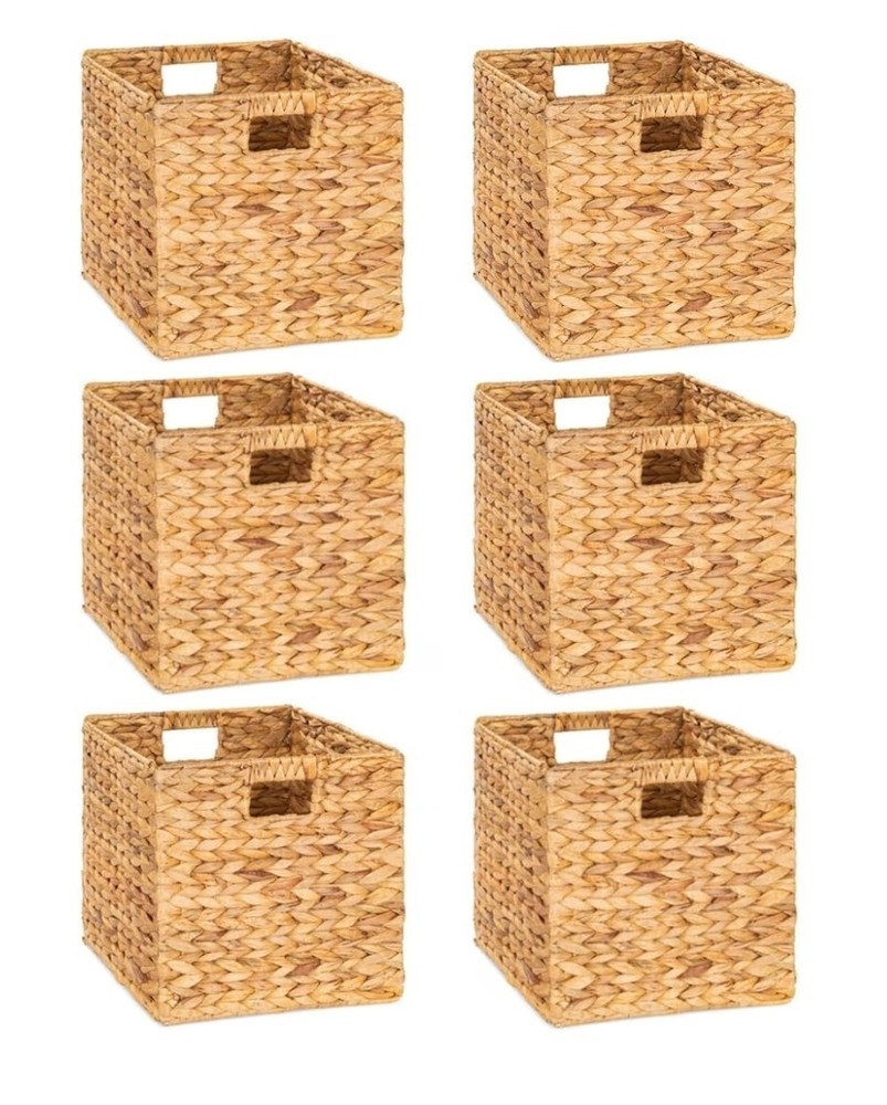 (6) 10.5 x 10.5in Wicker Storage Baskets for Shelves, Water Hyacinth Storage…