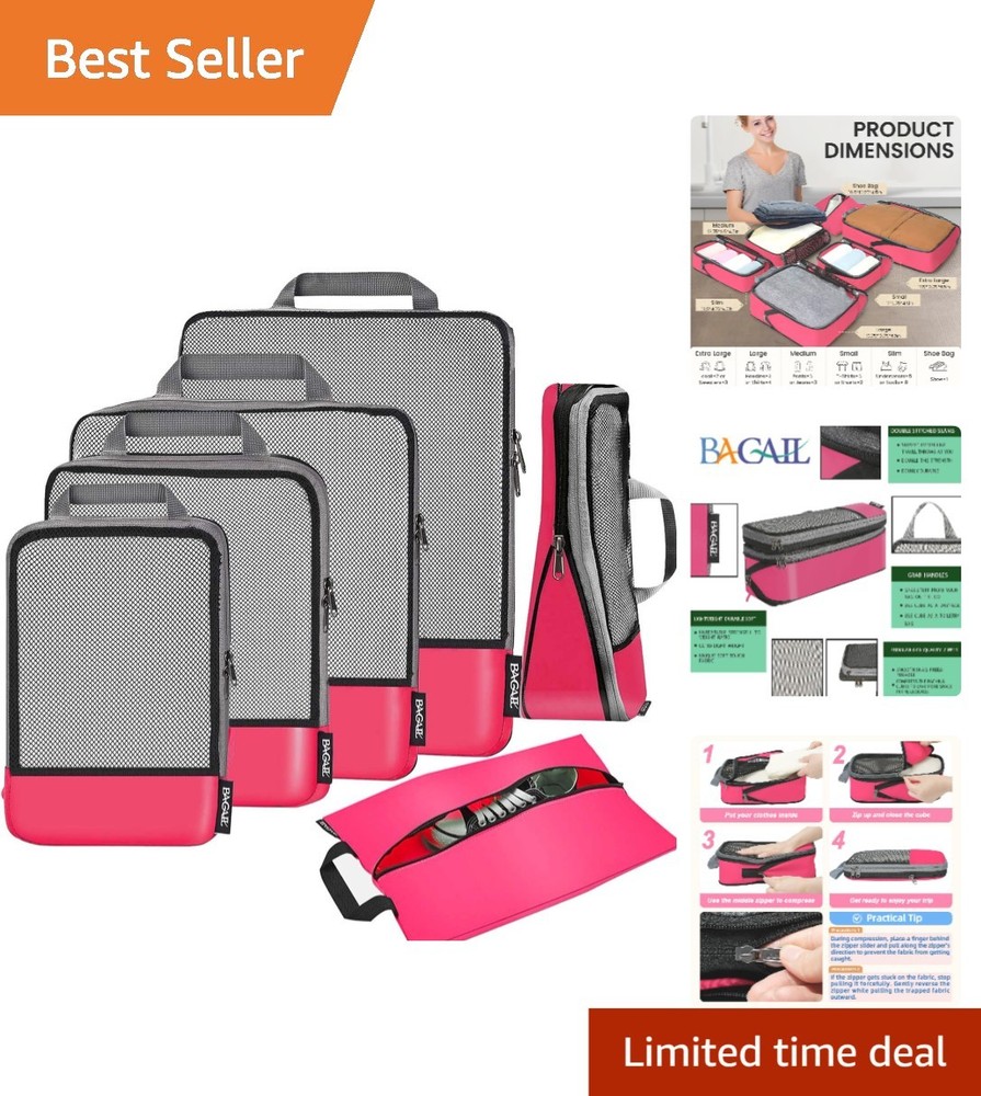 6-Piece Compression Packing Cubes – Expandable Travel Organizers in Fuchsia