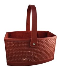 Woven Faux Leather and Wood Basket With Handle – Rectangular Design Deep Red Col