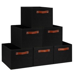 Black Fabric Storage Bins 15x11x9.5 Inch PU Leather Handle Organizer 6 Pack