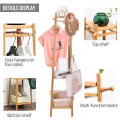 Bamboo Clothes Rail Stand Coat Rack with 2 Ladder Shelves w/Hooks Hallway Sturdy