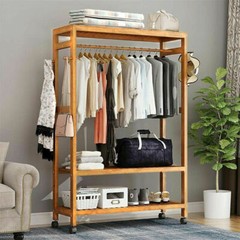 Freestanding Bamboo Clothes Rail Shelf Rolling Garment Closet Organizer Stand