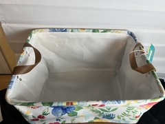 2 Pioneer Woman Patchwork Medley Canvas Basket Faux Leather Handles & Bottom New