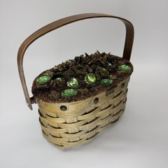 Vintage Jolles Original Woven Basket Gem Flowers Wood Handle