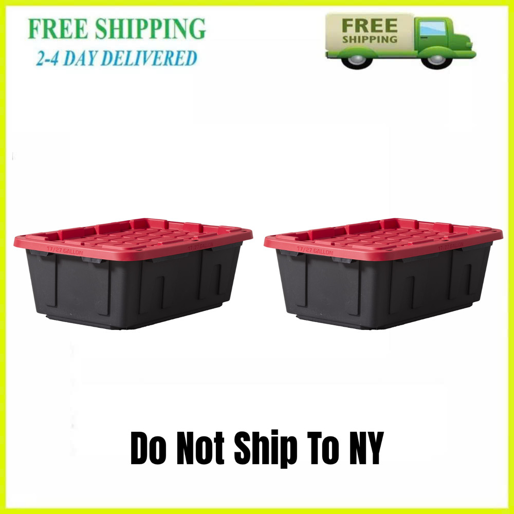 2 Pack Hyper Tough 17 Gallon Heavy Duty Plastic Storage Bin Box Black Red Lid